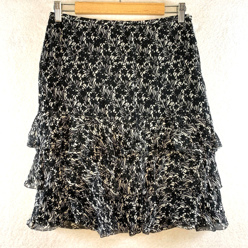 Womens 100% Silk Chiffon Floral Skirt Sz 4P Black Tiered Ruffle Feminine Flowy
